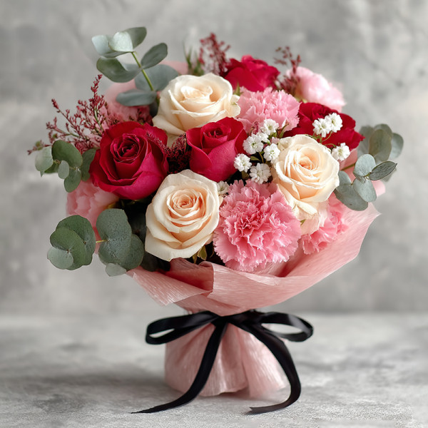 Symphony of Affection – A Dream of Red Roses, White Roses, and Pink Carnations in Bloom
